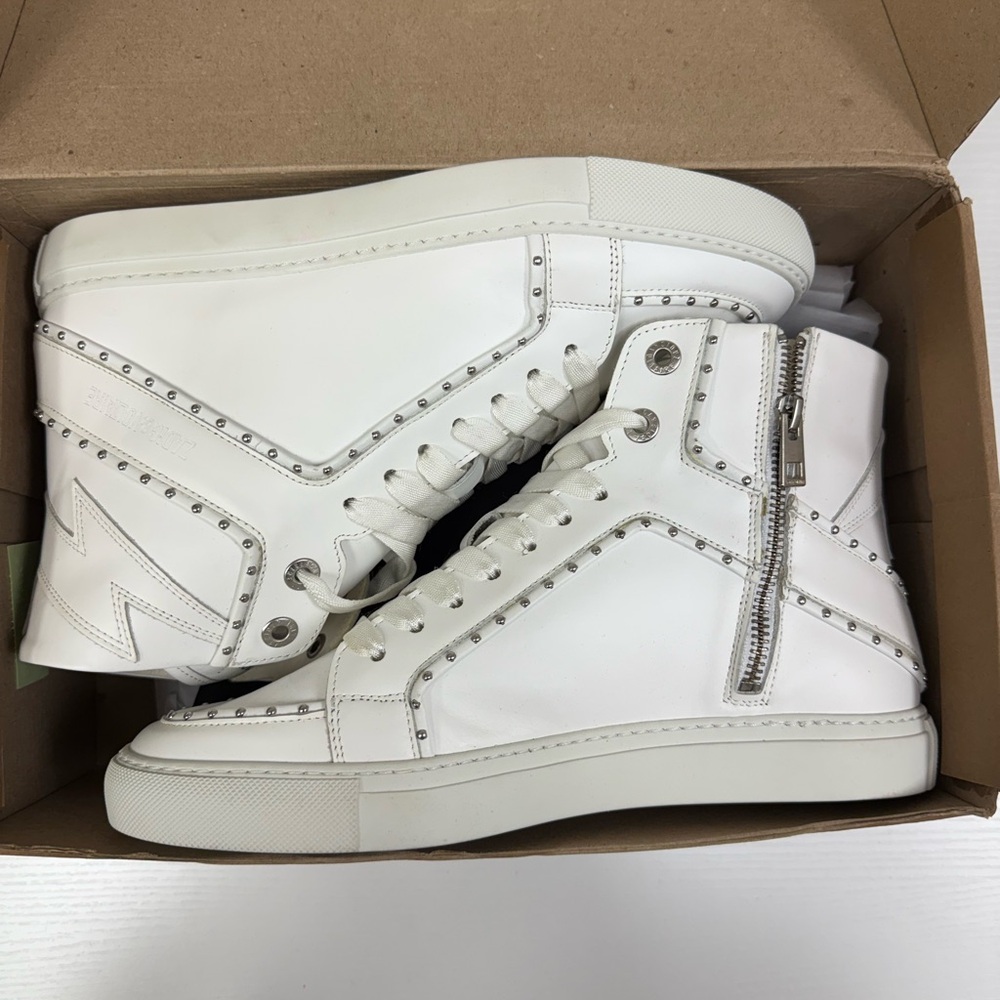 Zadig & Voltaire ZV1747 High Flash Studded Trim High Top White Leather Sneakers